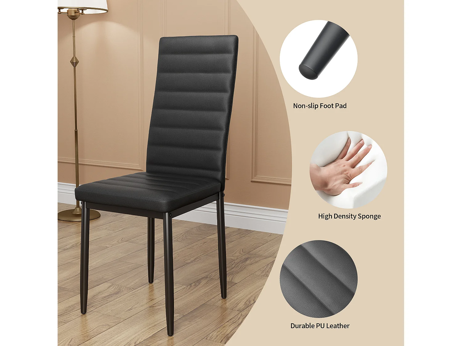 Bealife Ensemble Table et 4 Chaises, 1 Table à Manger en Verre Trempé, 4 Chaises en Cuir PU Dossier Patte Metal Pied en Caoutchouc (Noir)