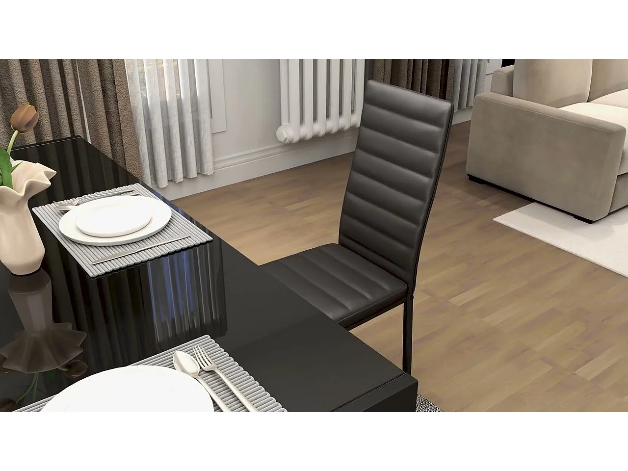 Bealife Ensemble Table et 4 Chaises, 1 Table à Manger en Verre Trempé, 4 Chaises en Cuir PU Dossier Patte Metal Pied en Caoutchouc (Noir)