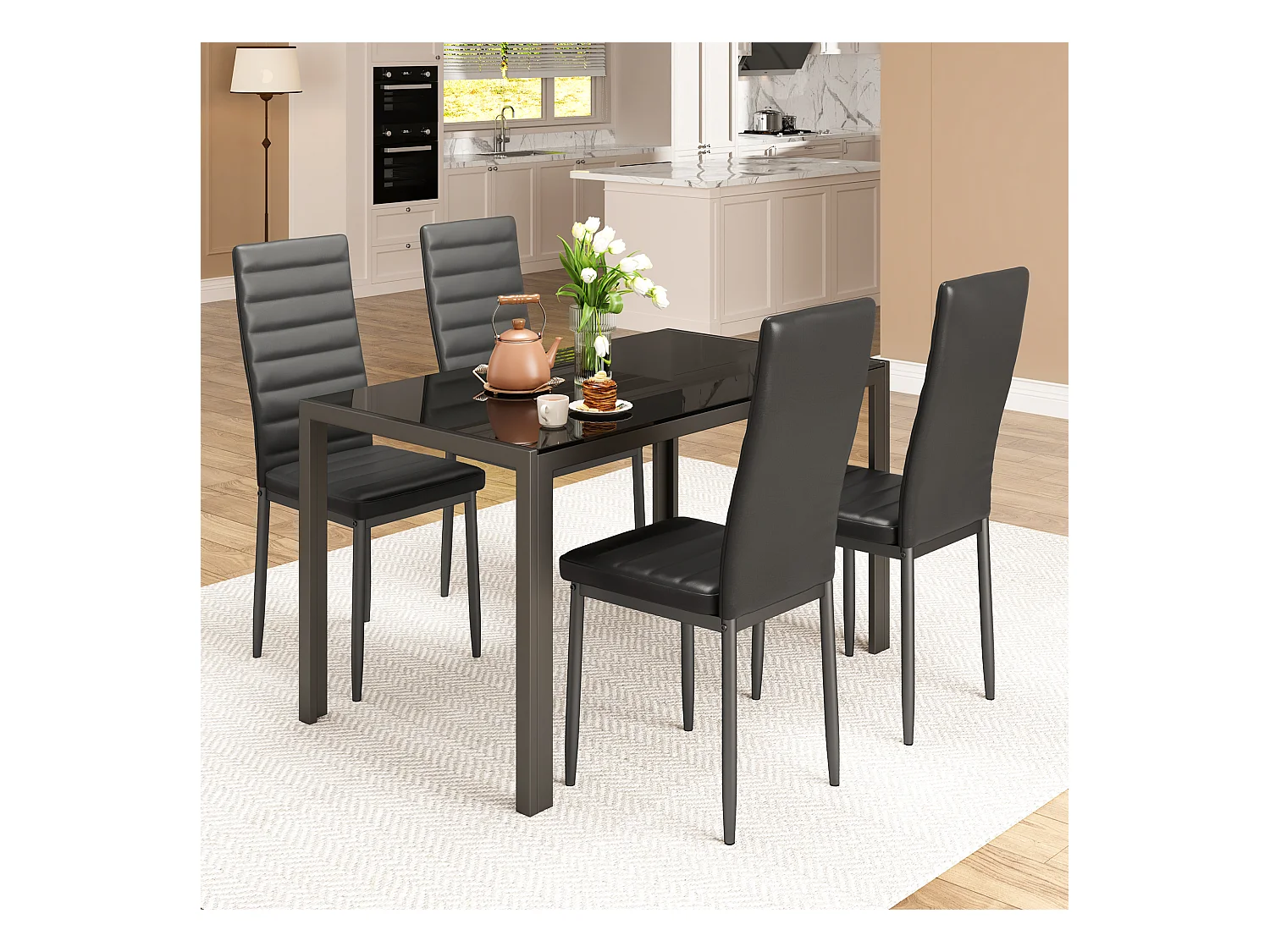 Bealife Ensemble Table et 4 Chaises, 1 Table à Manger en Verre Trempé, 4 Chaises en Cuir PU Dossier Patte Metal Pied en Caoutchouc (Noir)