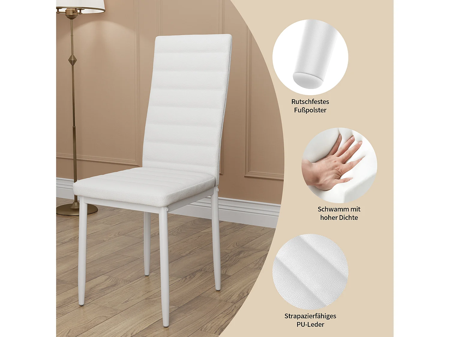 Bealife tafel - en stoelenenset, eettafel met stoelen, 1 getemperd glas tafel, 4 PU - leer stoelen met rugleuning, metalen poten, rubberen voetjes, wit