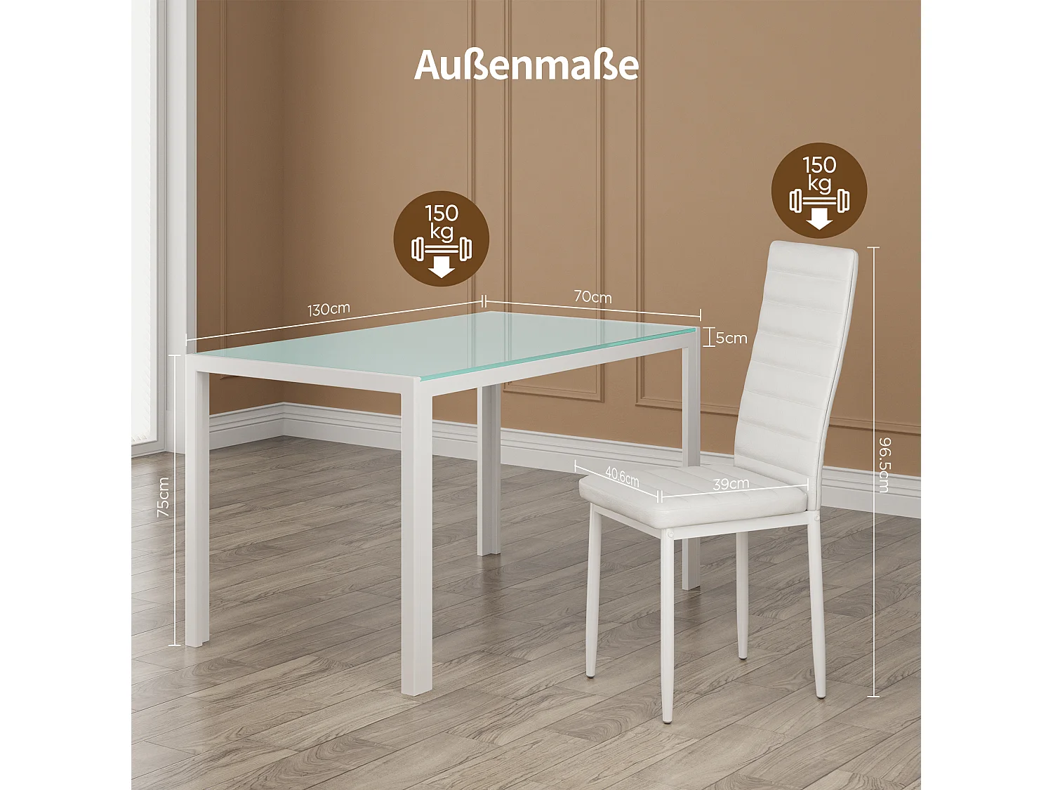 Bealife tafel - en stoelenenset, eettafel met stoelen, 1 getemperd glas tafel, 4 PU - leer stoelen met rugleuning, metalen poten, rubberen voetjes, wit