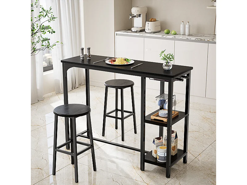 Bealife staande eettafel met 2 barstools, bar - en keukentafelenset, zwarte staalframe