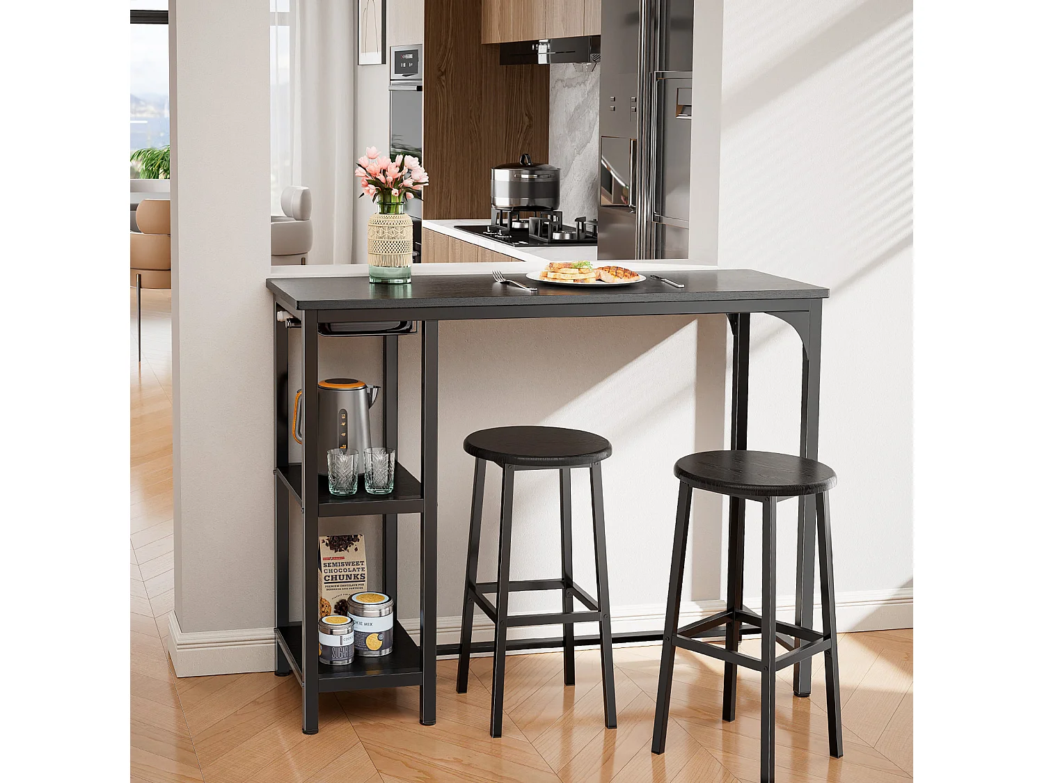 Bealife Table Haute Mange Debout 2 Tabouret Table de Bar Cuisine Ensemble de Meubles de Salle à Manger Cadre en Acier Noir