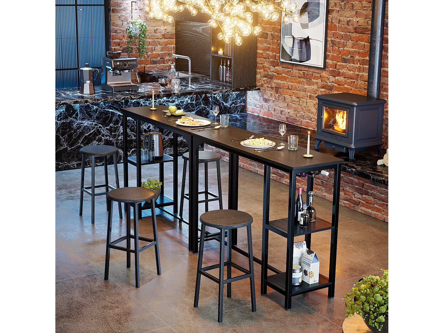 Bealife Table Haute Mange Debout 2 Tabouret Table de Bar Cuisine Ensemble de Meubles de Salle à Manger Cadre en Acier Noir