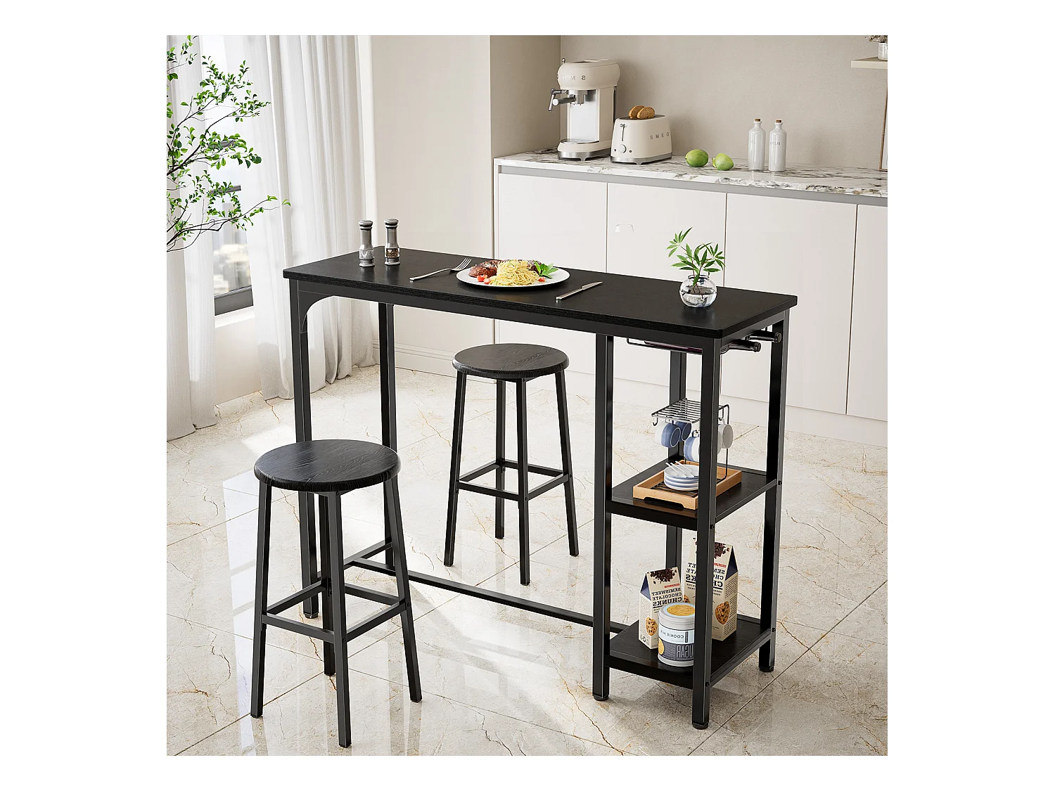 Bealife staande eettafel met 2 barstools, bar - en keukentafelenset, zwarte staalframe