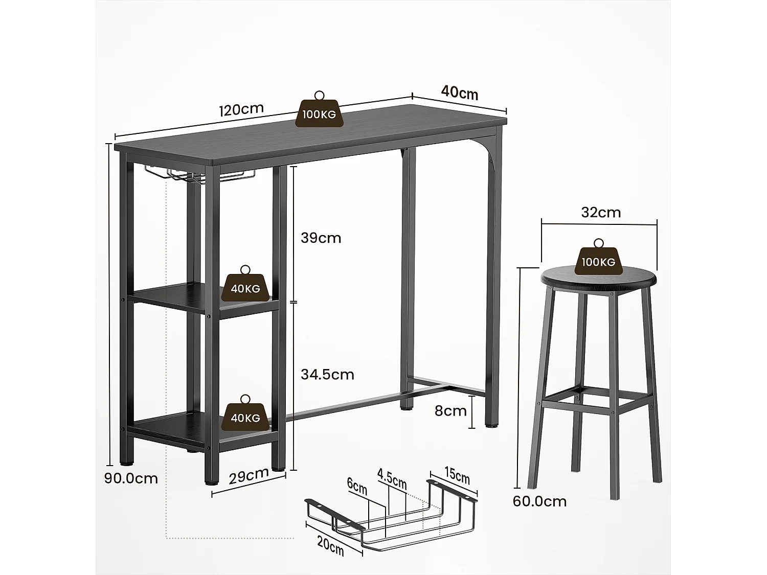 Bealife Table Haute Mange Debout 2 Tabouret Table de Bar Cuisine Ensemble de Meubles de Salle à Manger Cadre en Acier Noir