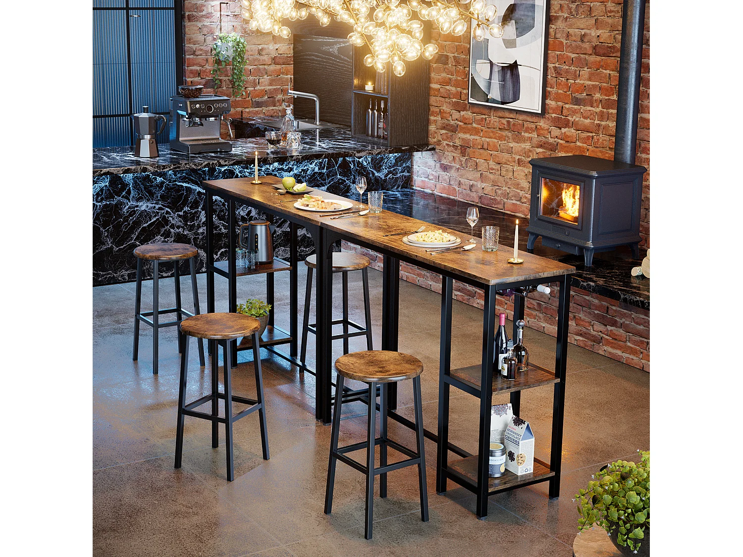 Bealife Table Haute Mange Debout 2 Tabouret Table de Bar Cuisine Ensemble de Meubles de Salle à Manger Cadre en Acier Marron