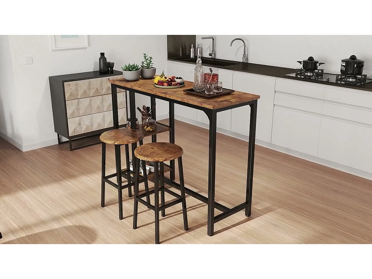 Bealife Table Haute Mange Debout 2 Tabouret Table de Bar Cuisine Ensemble de Meubles de Salle à Manger Cadre en Acier Marron