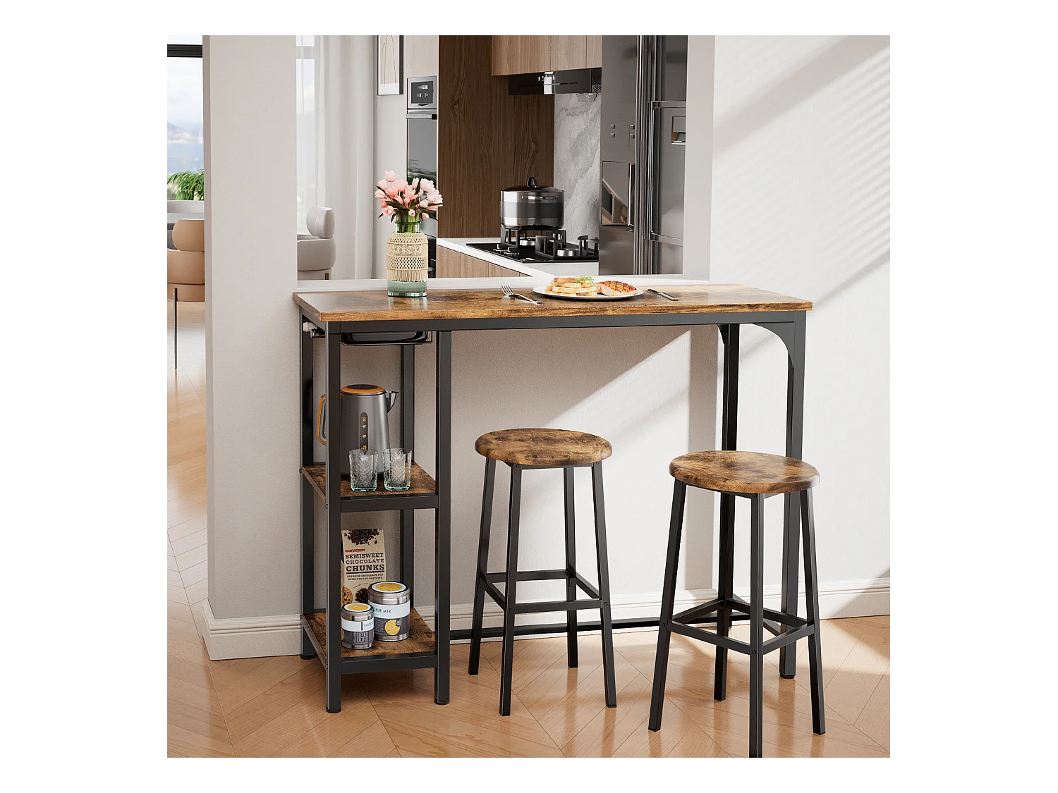 Bealife Table Haute Mange Debout 2 Tabouret Table de Bar Cuisine Ensemble de Meubles de Salle à Manger Cadre en Acier Marron