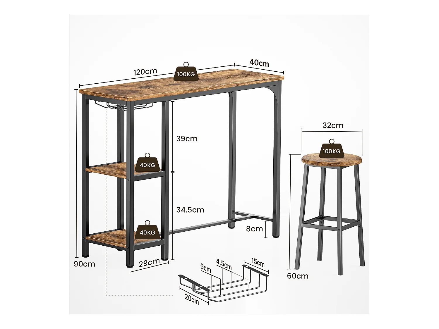 Bealife Table Haute Mange Debout 2 Tabouret Table de Bar Cuisine Ensemble de Meubles de Salle à Manger Cadre en Acier Marron