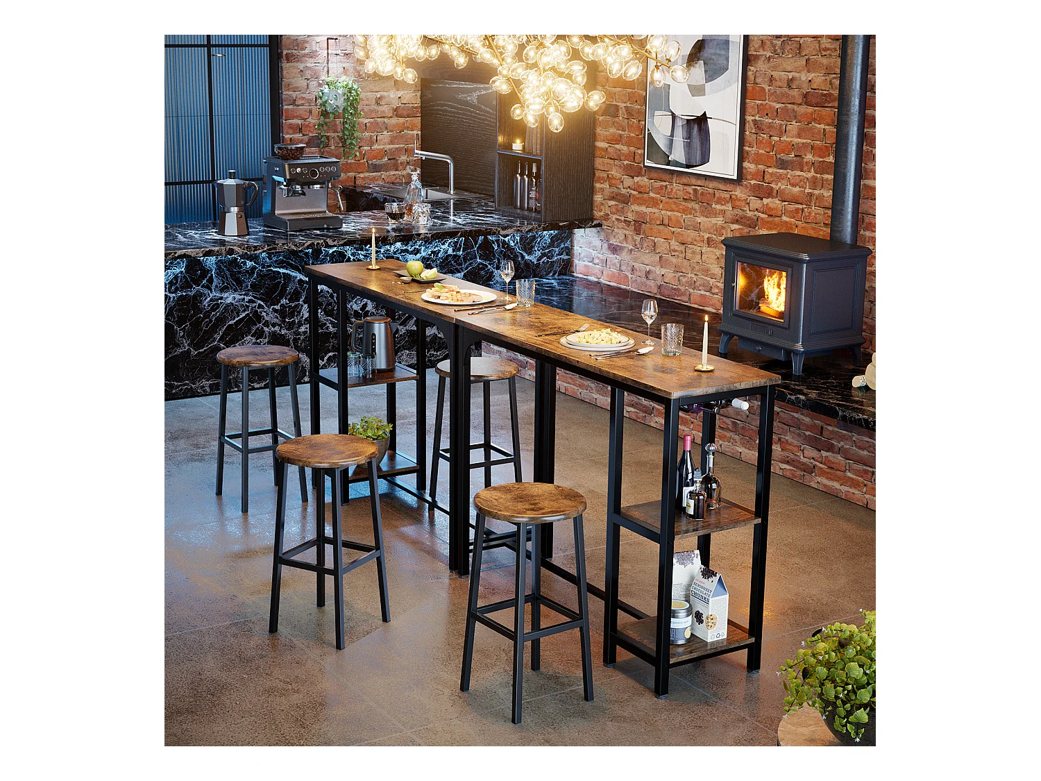 Bealife Table Haute Mange Debout 2 Tabouret Table de Bar Cuisine Ensemble de Meubles de Salle à Manger Cadre en Acier Marron