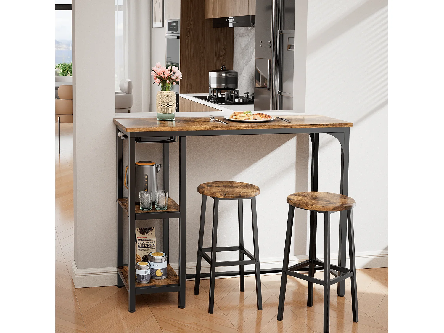 Bealife Table Haute Mange Debout 2 Tabouret Table de Bar Cuisine Ensemble de Meubles de Salle à Manger Cadre en Acier Marron