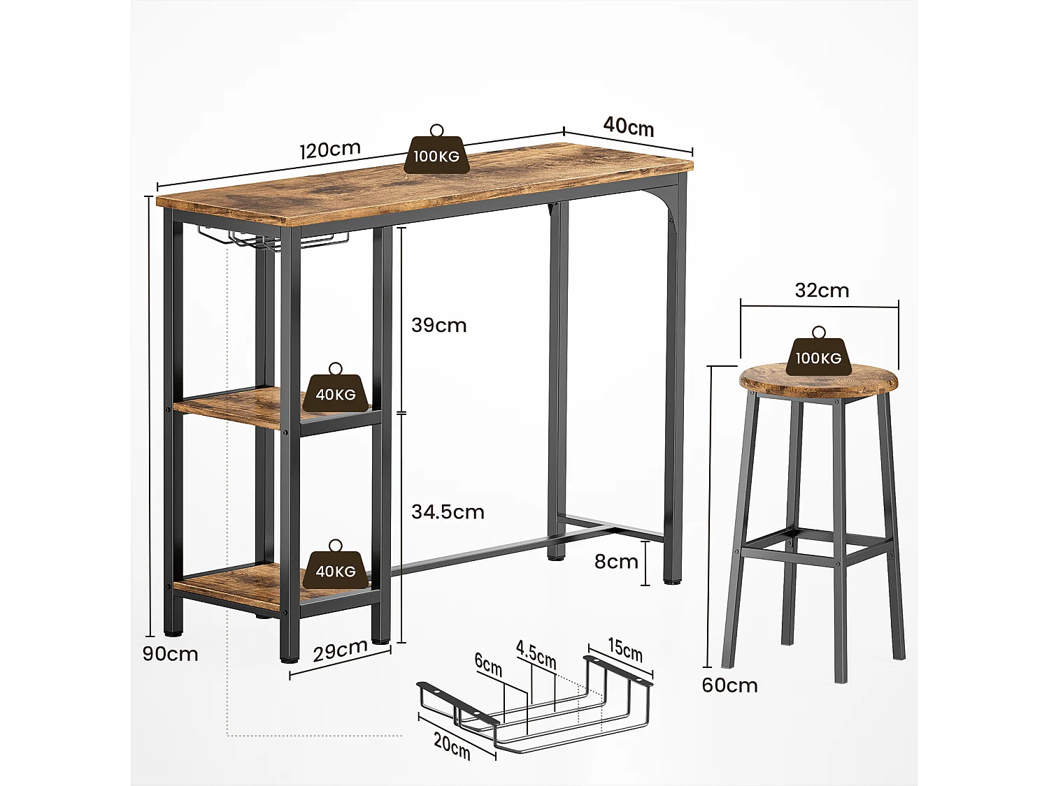 Bealife Table Haute Mange Debout 2 Tabouret Table de Bar Cuisine Ensemble de Meubles de Salle à Manger Cadre en Acier Marron