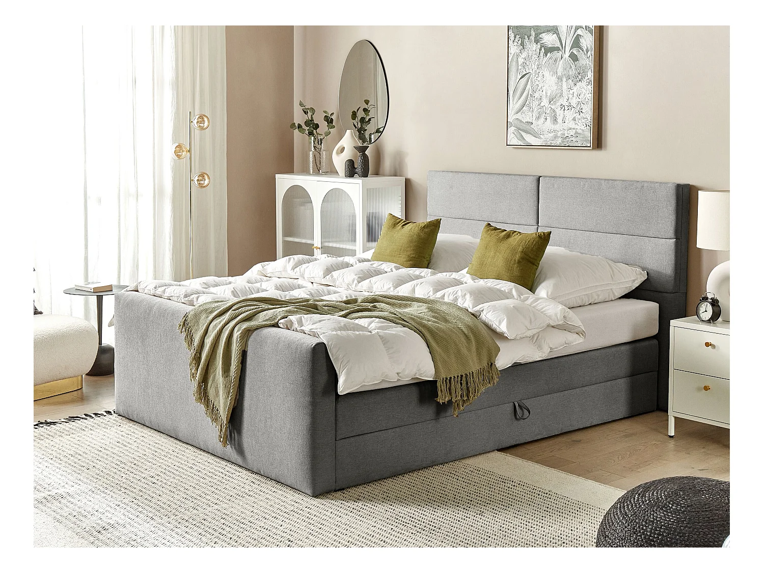 Cama continental con almacenaje Tela ARISTOCRAT 180 x 200 cm Gris claro