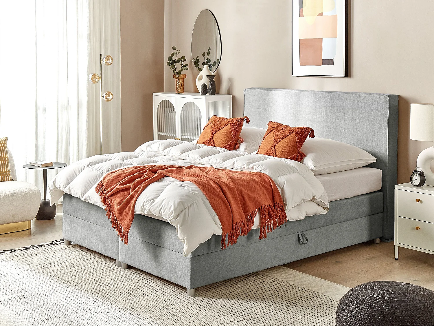 Lit boxspring avec rangement Tissu MINISTER 160 x 200 cm Gris clair