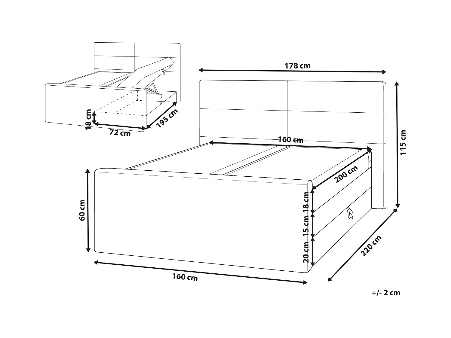 Lit boxspring avec rangement Tissu ARISTOCRAT 160 x 200 cm Gris clair