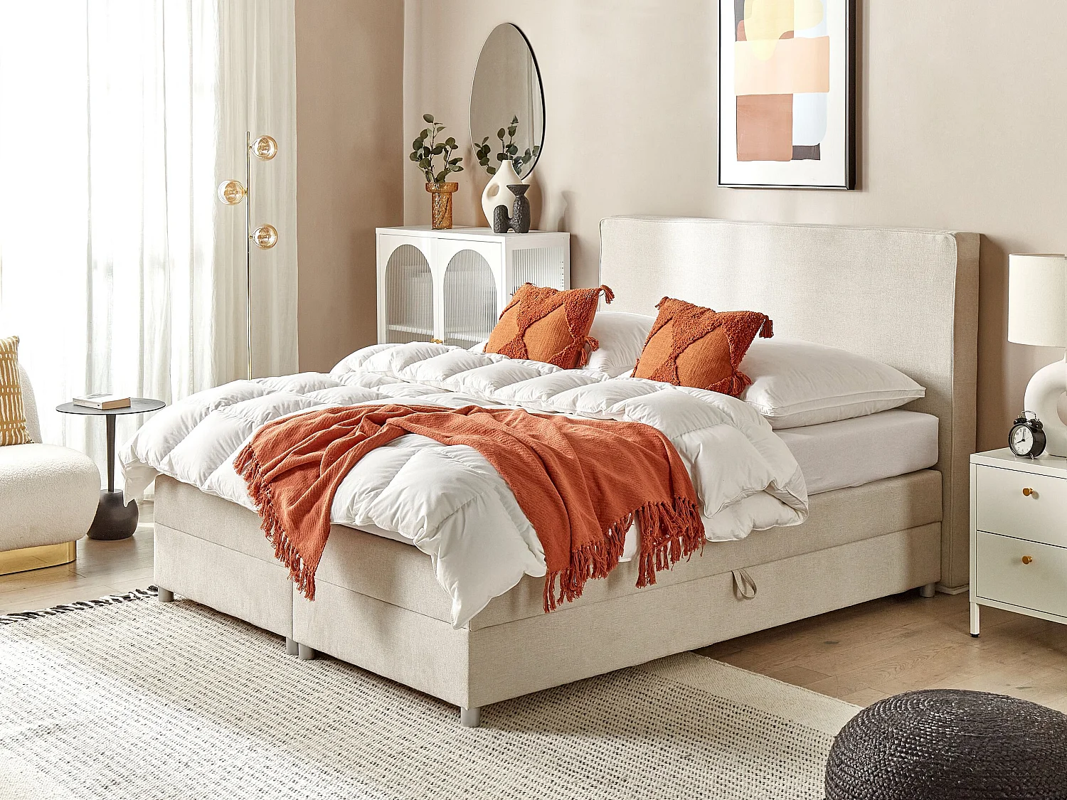 Boxspring met opbergruimte Stof MINISTER 160 x 200 cm Lichtbeige