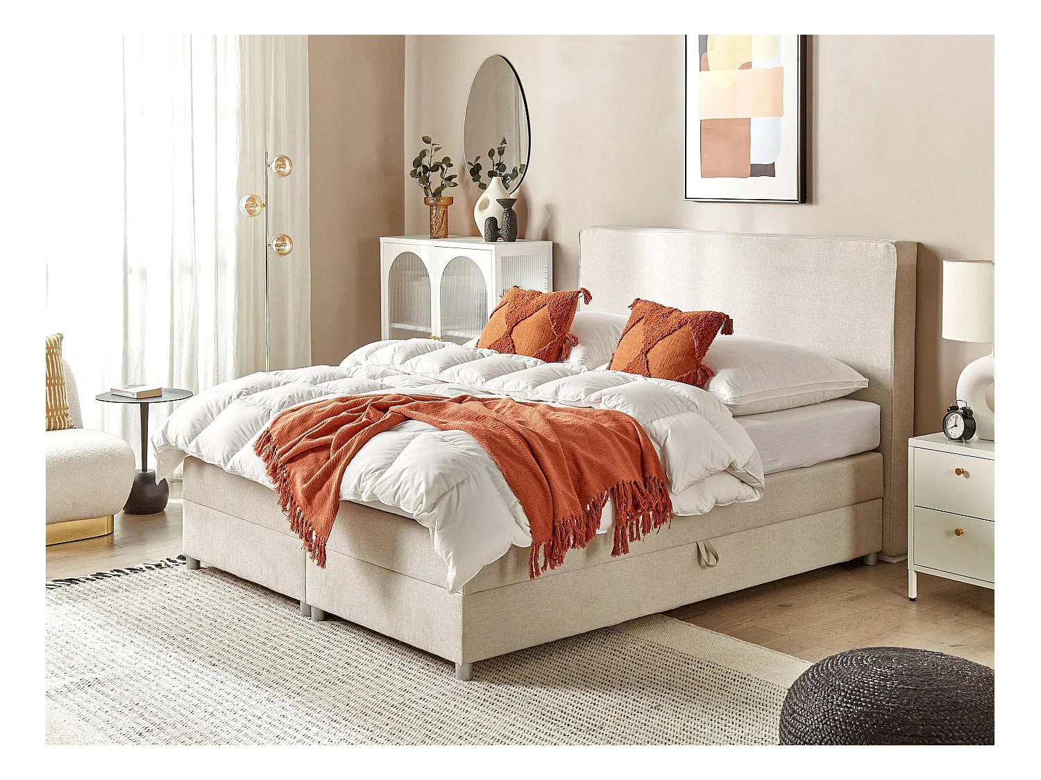 Lit boxspring avec rangement Tissu MINISTER 160 x 200 cm Beige clair