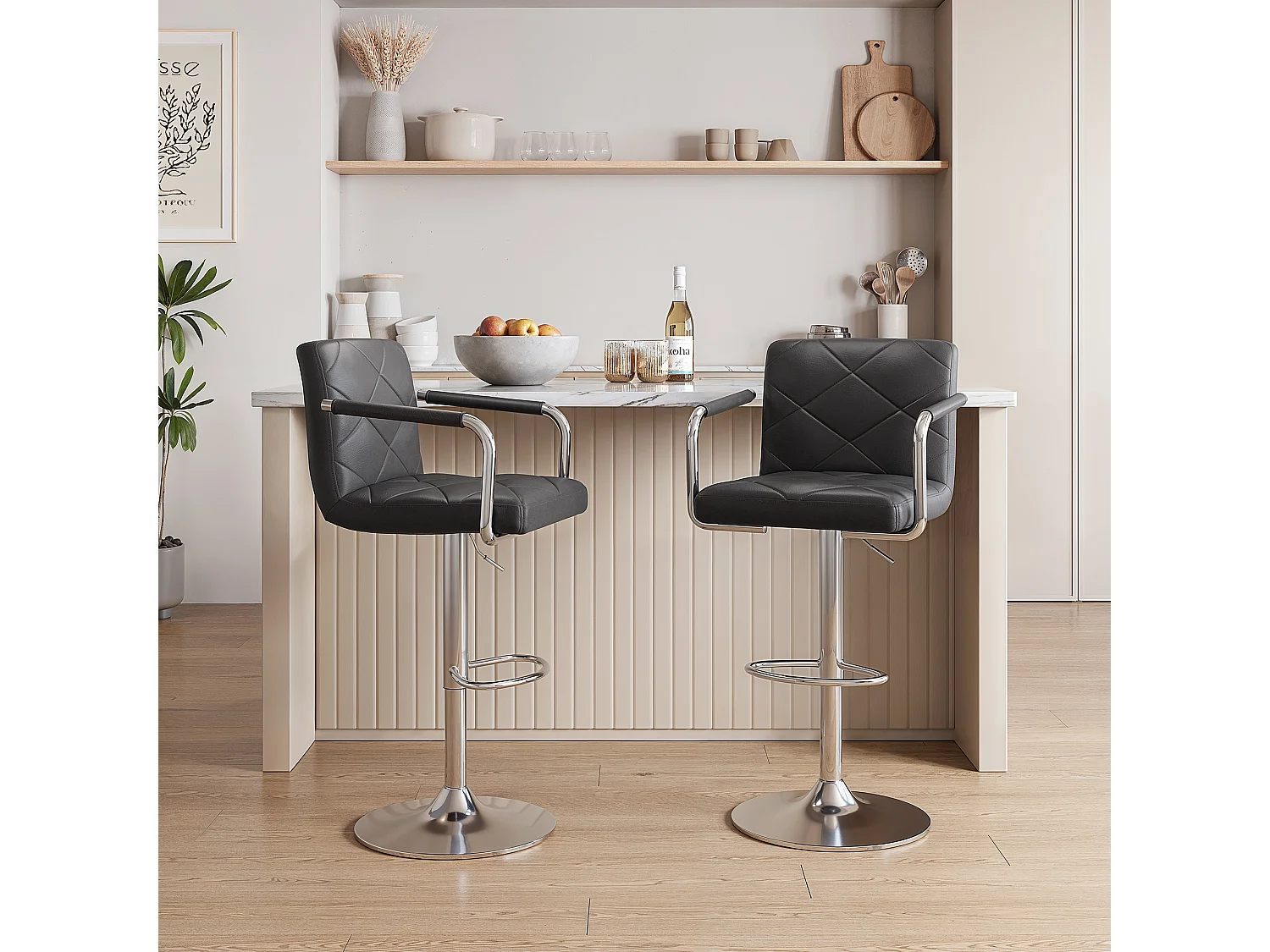 Tabouret de Bar Bealife Chaises de Bar Haut Réglable Bras Dossier Cuir PU 360° Repose Pied Chromé Noir