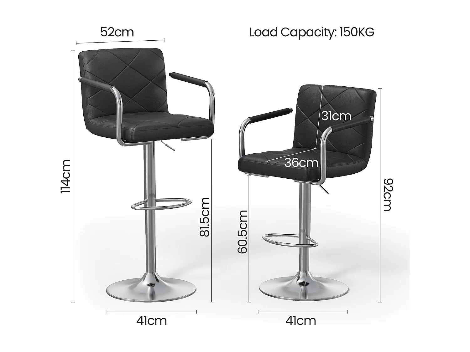 Tabouret de Bar Bealife Chaises de Bar Haut Réglable Bras Dossier Cuir PU 360° Repose Pied Chromé Noir