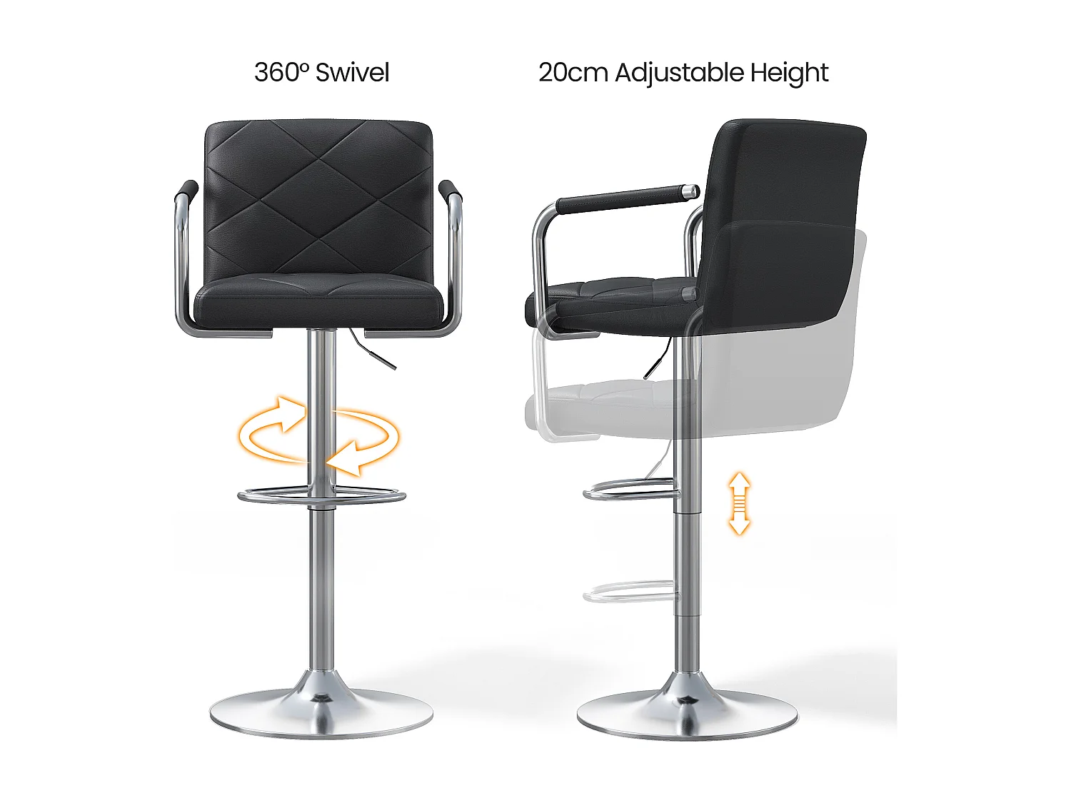 Tabouret de Bar Bealife Chaises de Bar Haut Réglable Bras Dossier Cuir PU 360° Repose Pied Chromé Noir