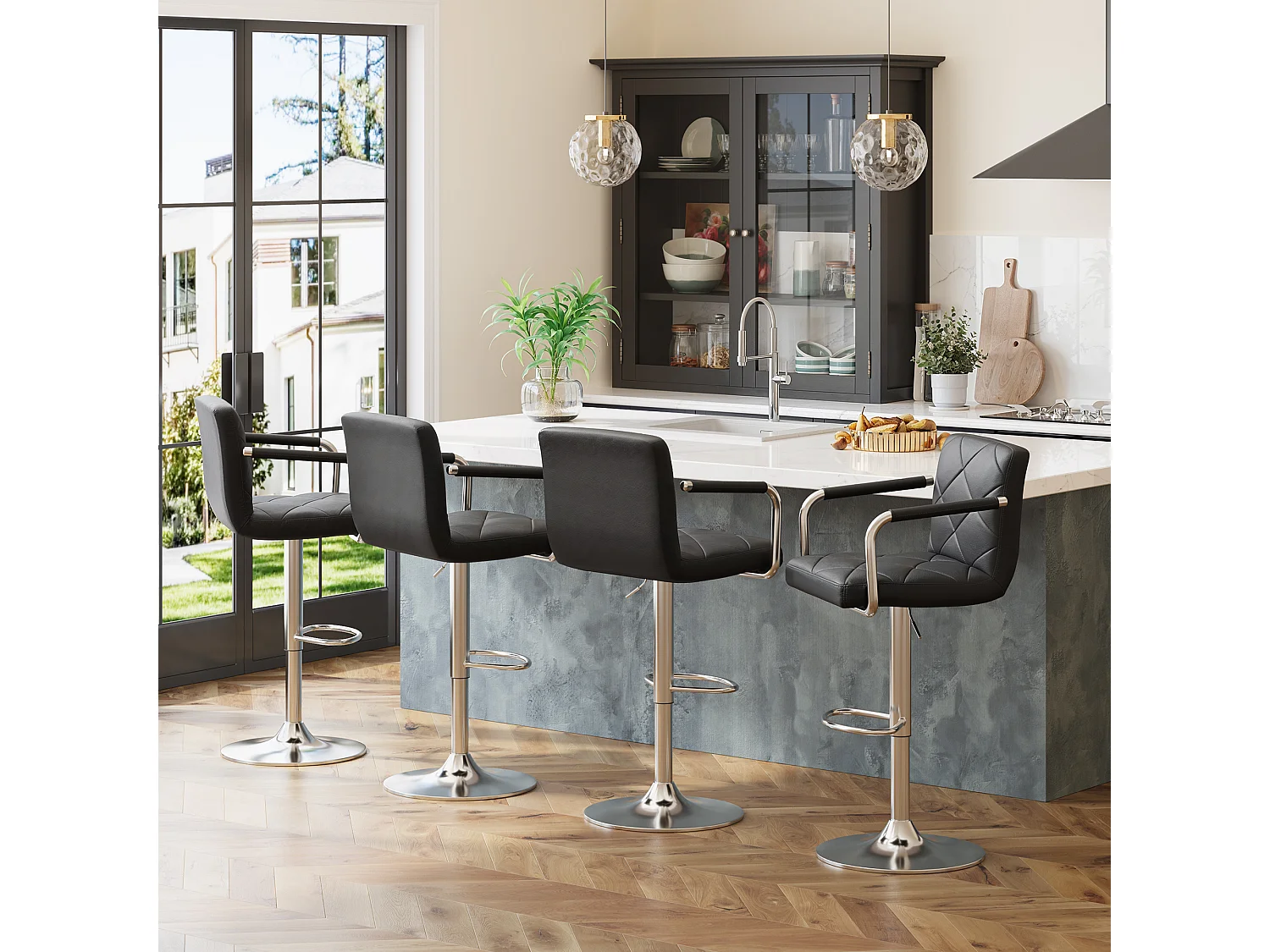 Tabouret de Bar Bealife Chaises de Bar Haut Réglable Bras Dossier Cuir PU 360° Repose Pied Chromé Noir