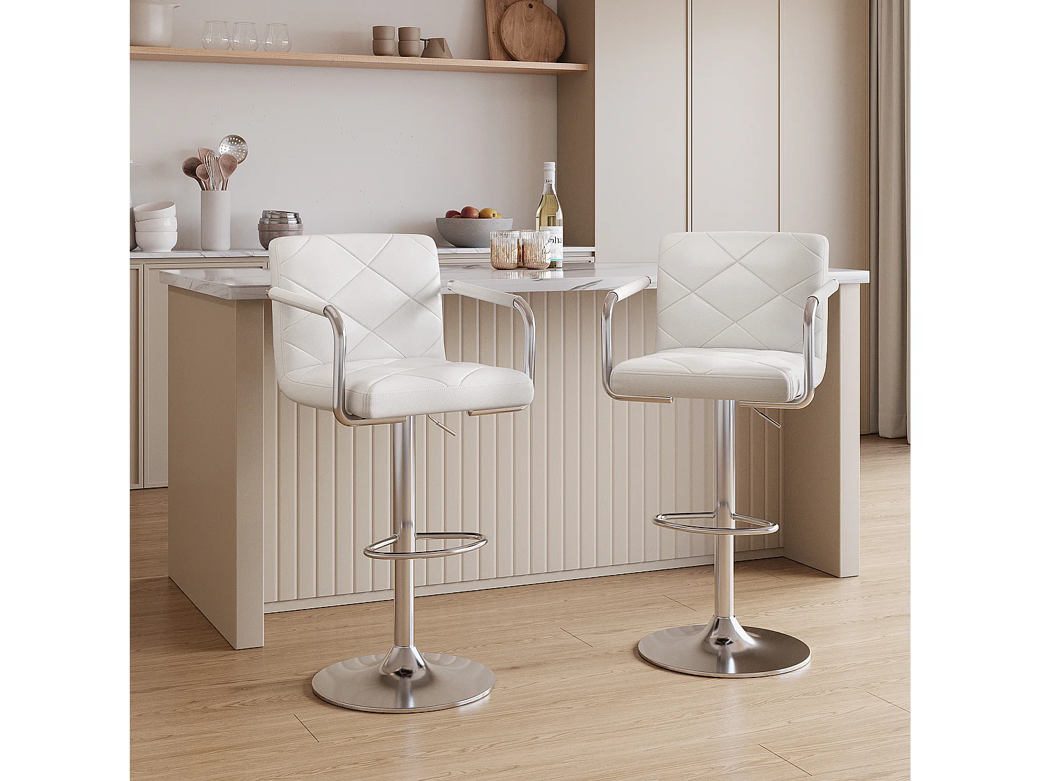Tabouret de Bar Bealife Chaises de Bar Haut Réglable Bras Dossier Cuir PU 360° Repose Pied Chromé Blanc