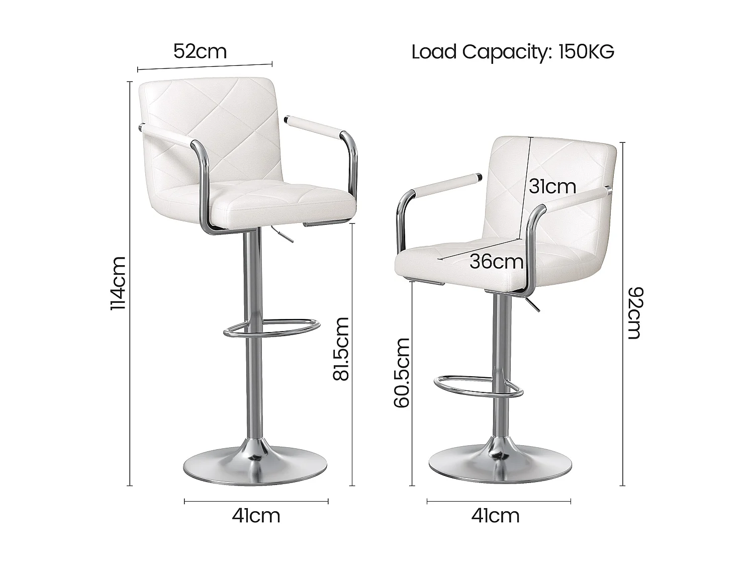 Tabouret de Bar Bealife Chaises de Bar Haut Réglable Bras Dossier Cuir PU 360° Repose Pied Chromé Blanc