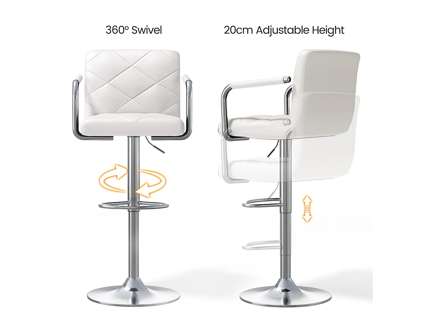 Tabouret de Bar Bealife Chaises de Bar Haut Réglable Bras Dossier Cuir PU 360° Repose Pied Chromé Blanc