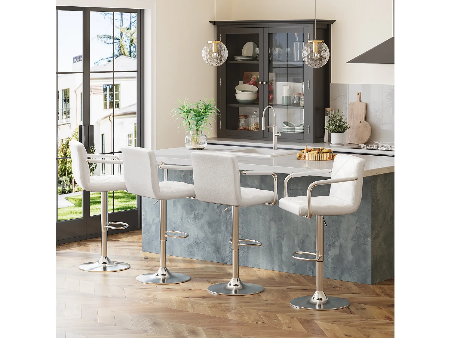 Tabouret de Bar Bealife Chaises de Bar Haut Réglable Bras Dossier Cuir PU 360° Repose Pied Chromé Blanc