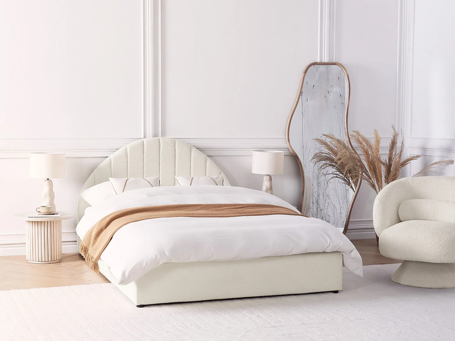 Bett mit Stauraum Bouclé CHADENET 140 x 200 cm Cremeweiss