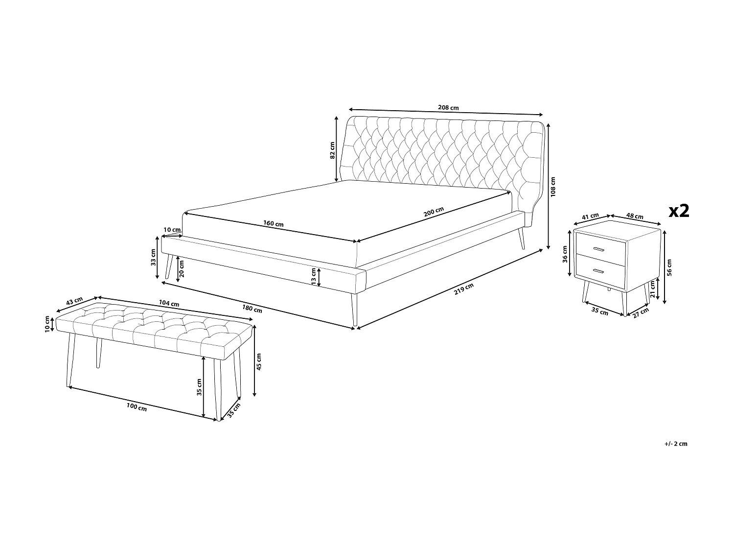 Schlafzimmer Set Bett beige mit Nachttisch Sitzbank Lattenrost 160x200 cm Essonne