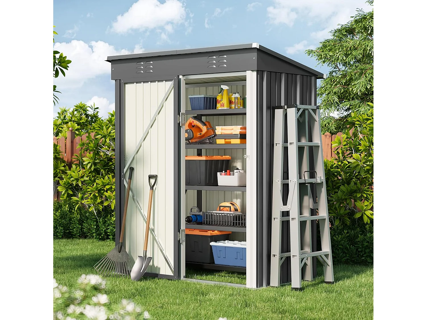 Bealife metalen tuinhuis 162 x 95 x 182 cm grijze schuur op het terrein