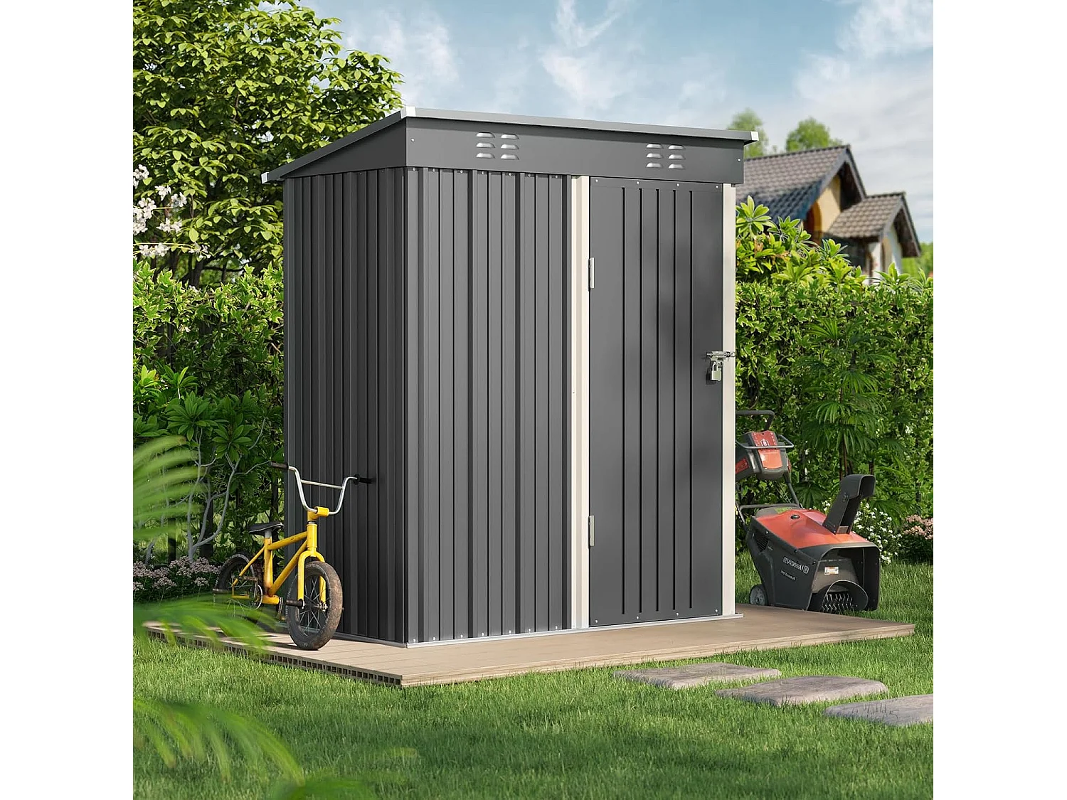 Bealife metalen tuinhuis 162 x 95 x 182 cm grijze schuur op het terrein