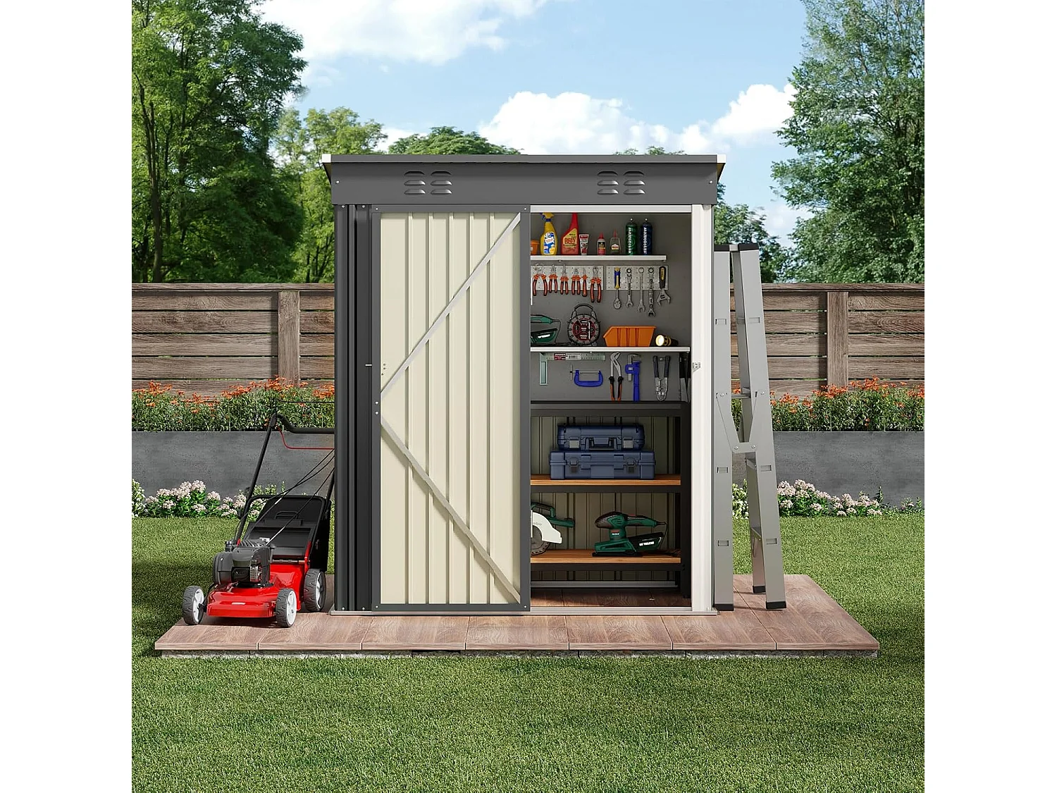 Bealife metalen tuinhuis 162 x 95 x 182 cm grijze schuur op het terrein