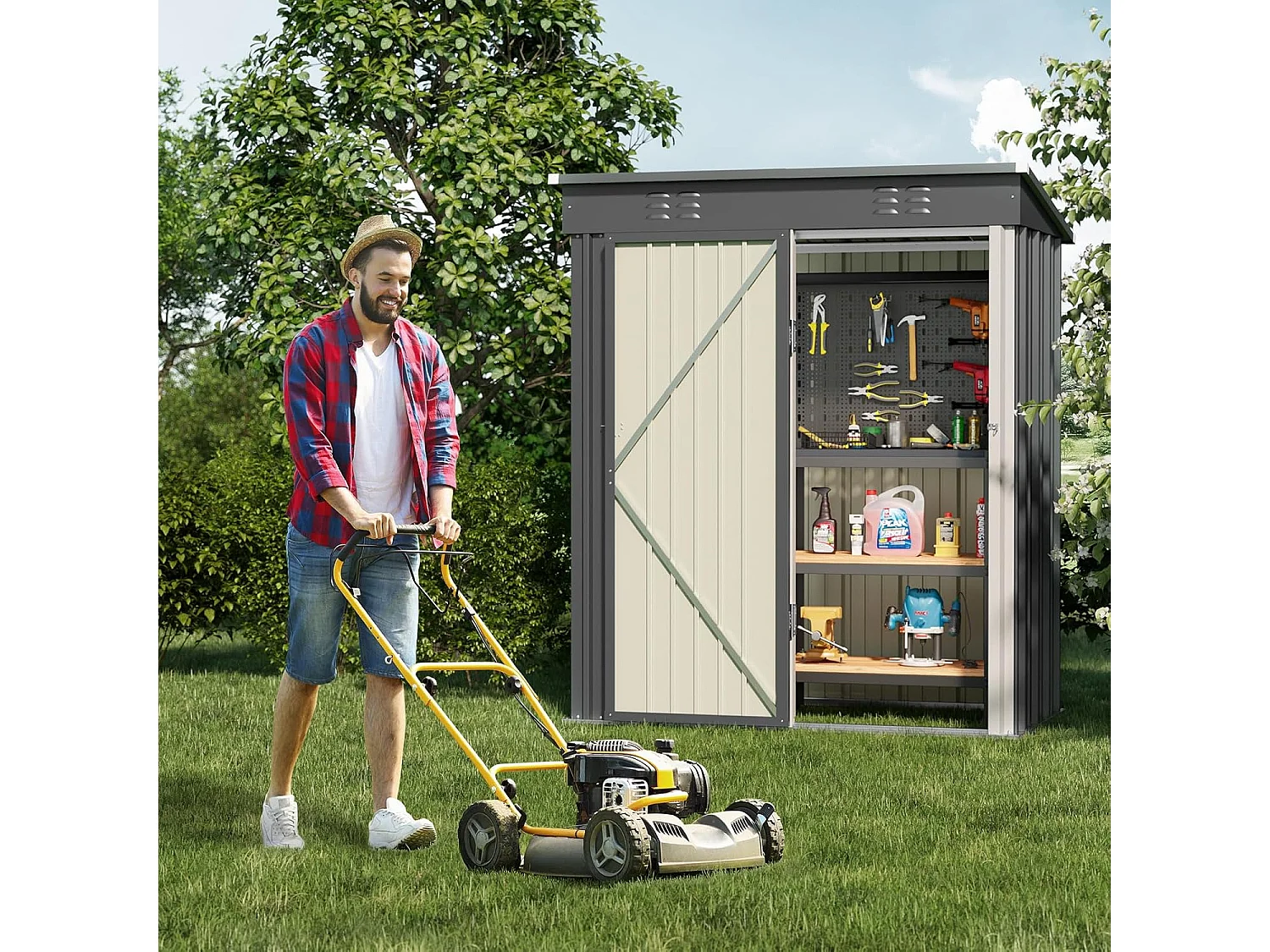 Bealife Abri de Jardin en Métal 162 x 95 x 182 cm Cabanon Gris sur Terrain