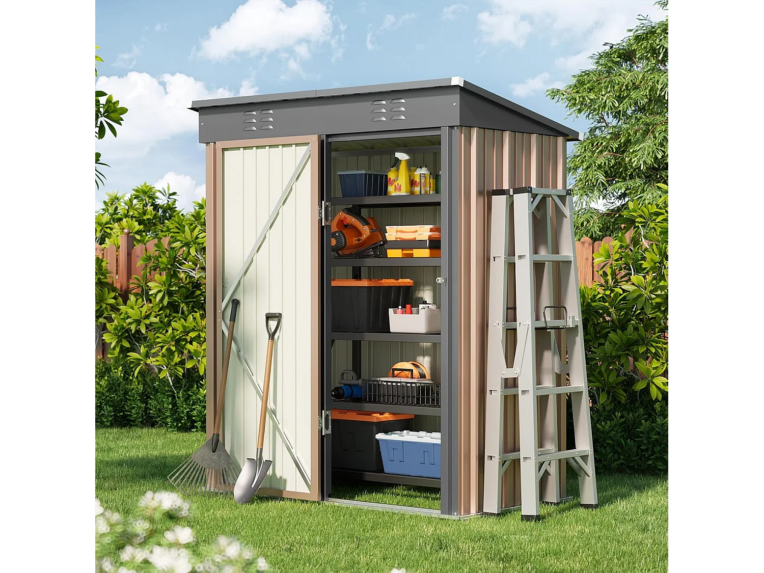 Metalen tuinhuisjes 162 x 95 x 182 cm Bruine schuur op de grond