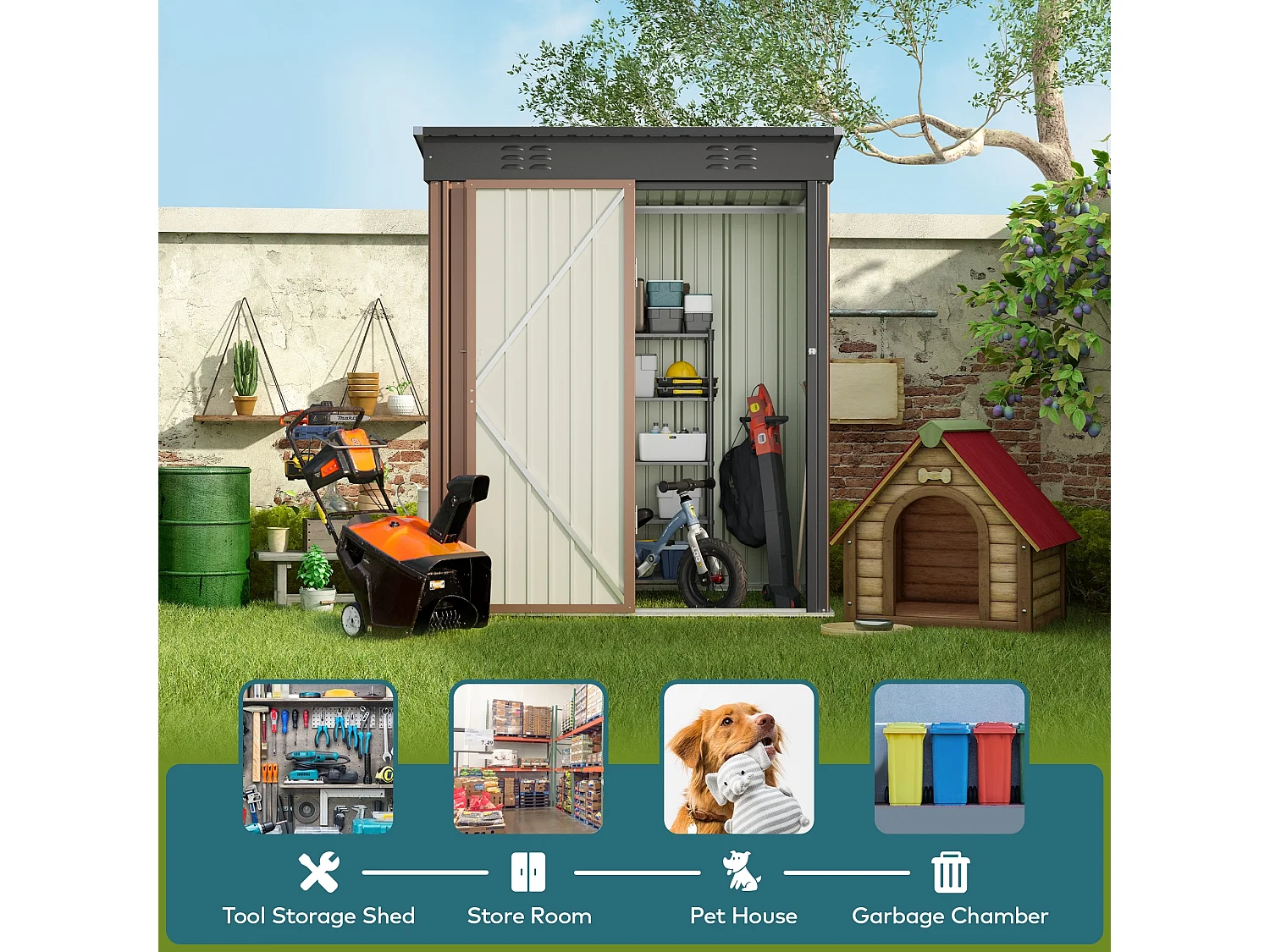 Metalen tuinhuisjes 162 x 95 x 182 cm Bruine schuur op de grond