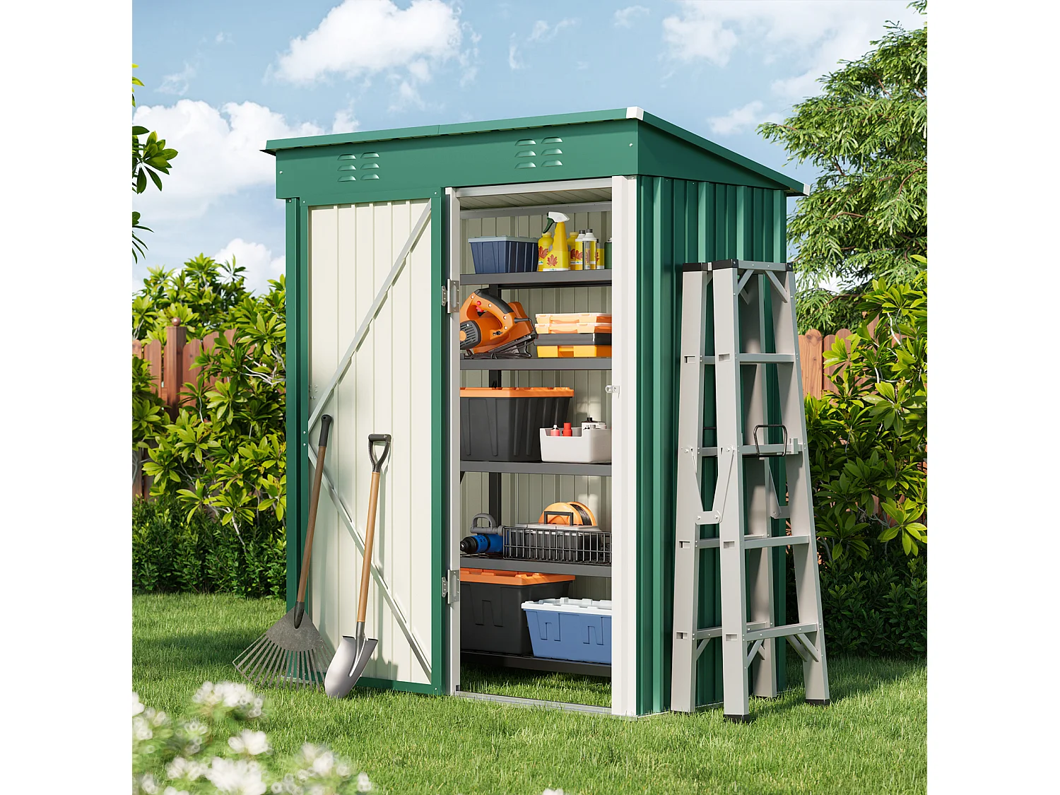 Bealife metalen tuinhuis 162 x 95 x 182 cm groene schuur op het terrein