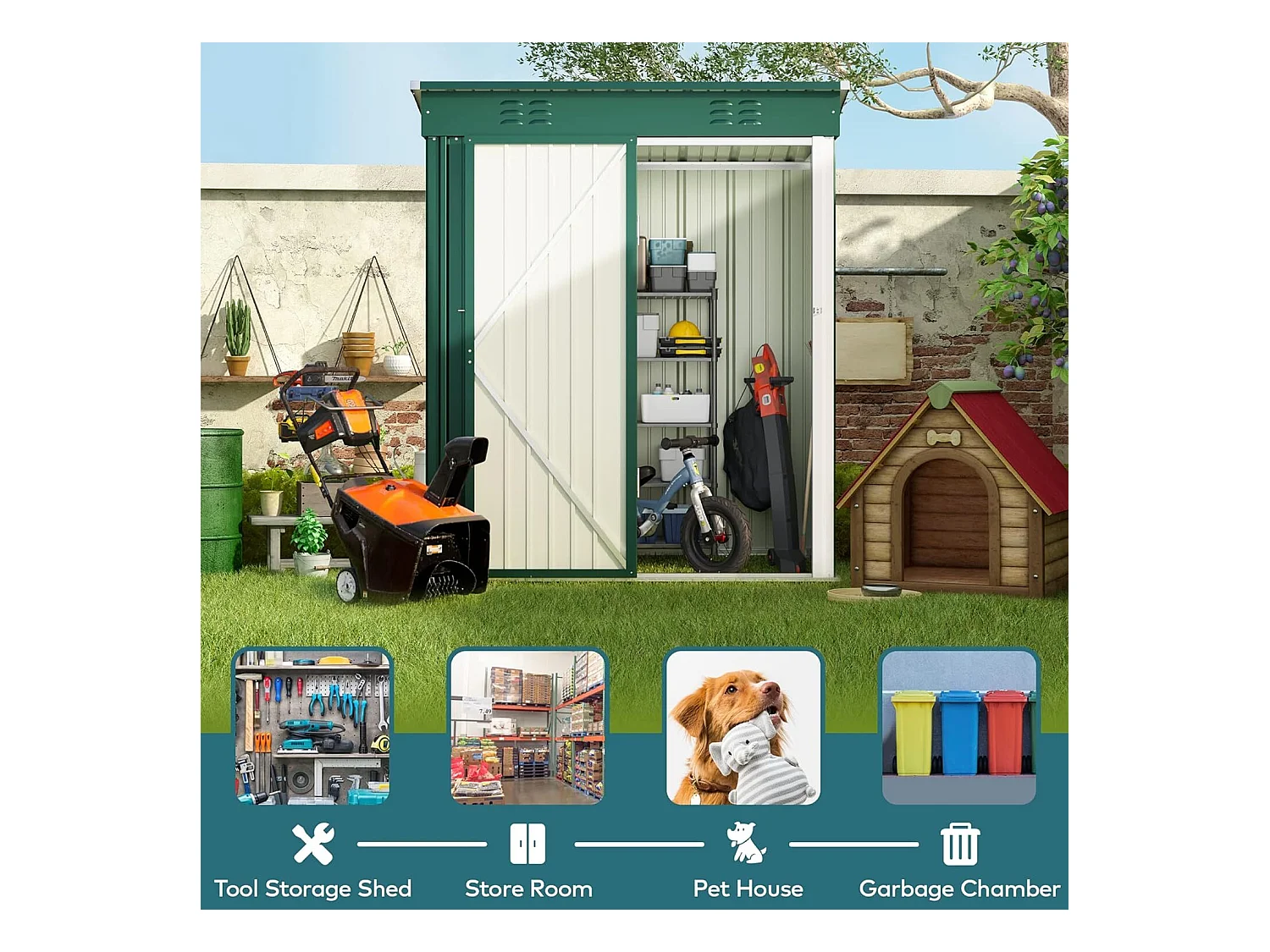 Bealife metalen tuinhuis 162 x 95 x 182 cm groene schuur op het terrein