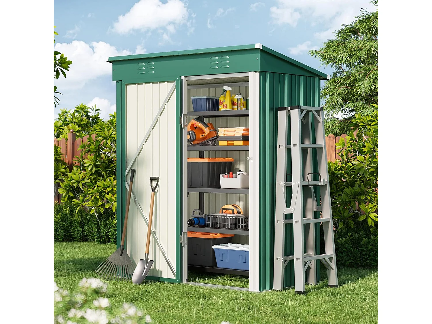 Bealife metalen tuinhuis 162 x 95 x 182 cm groene schuur op het terrein