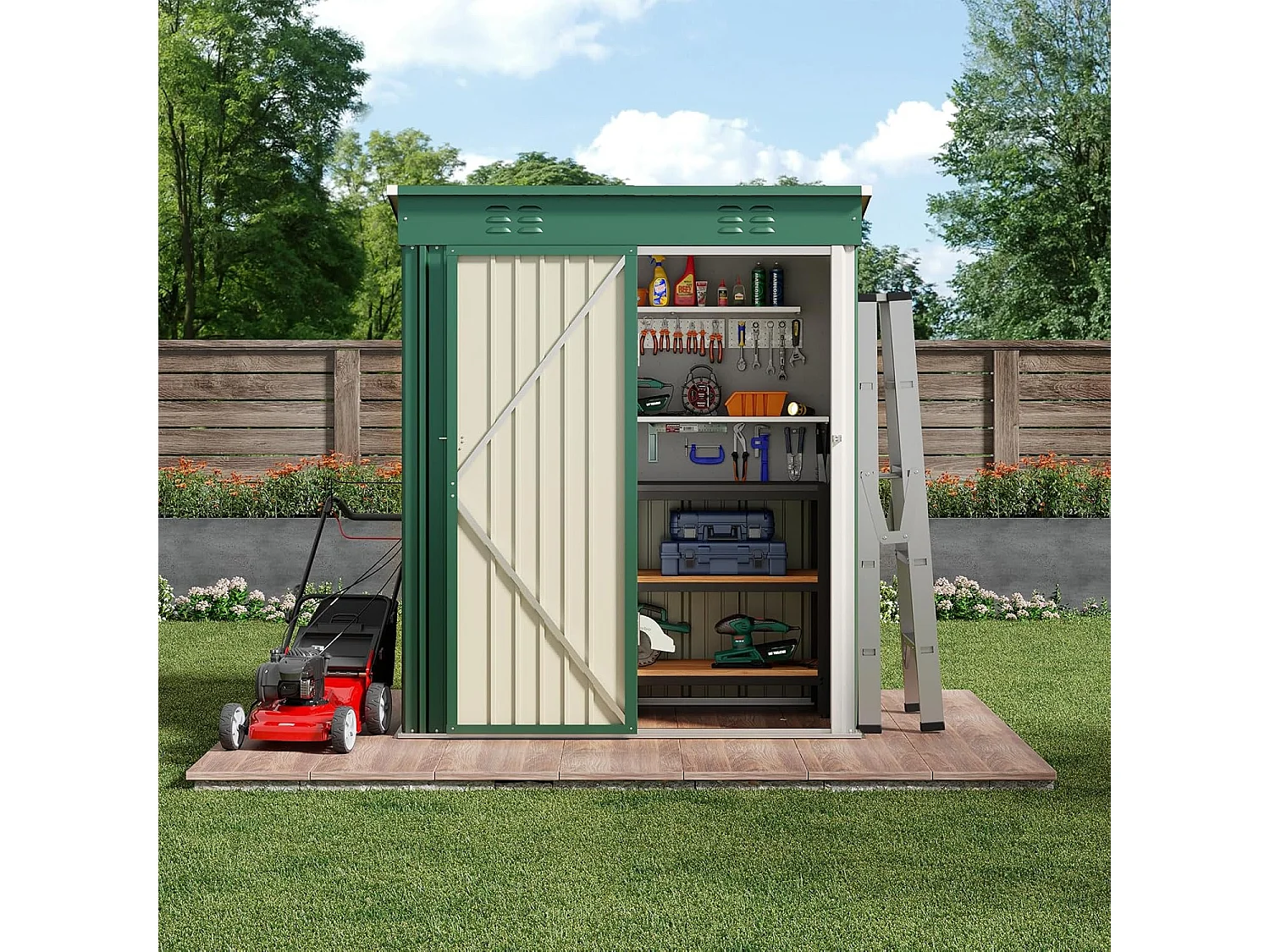 Bealife metalen tuinhuis 162 x 95 x 182 cm groene schuur op het terrein