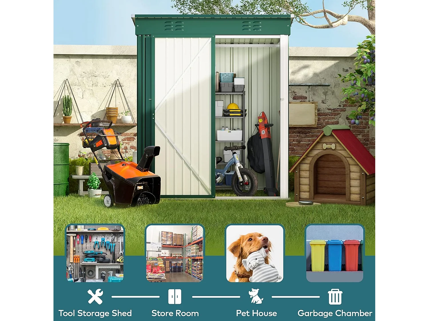 Bealife metalen tuinhuis 162 x 95 x 182 cm groene schuur op het terrein