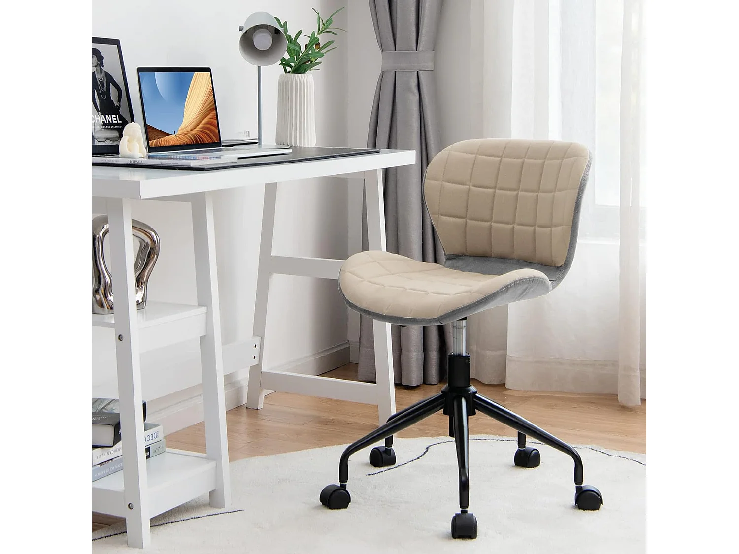 Chaise de Bureau à Roulette Pivotant Réglable en Hauteur Ergonomique, Surface en Cuir PU, Gris