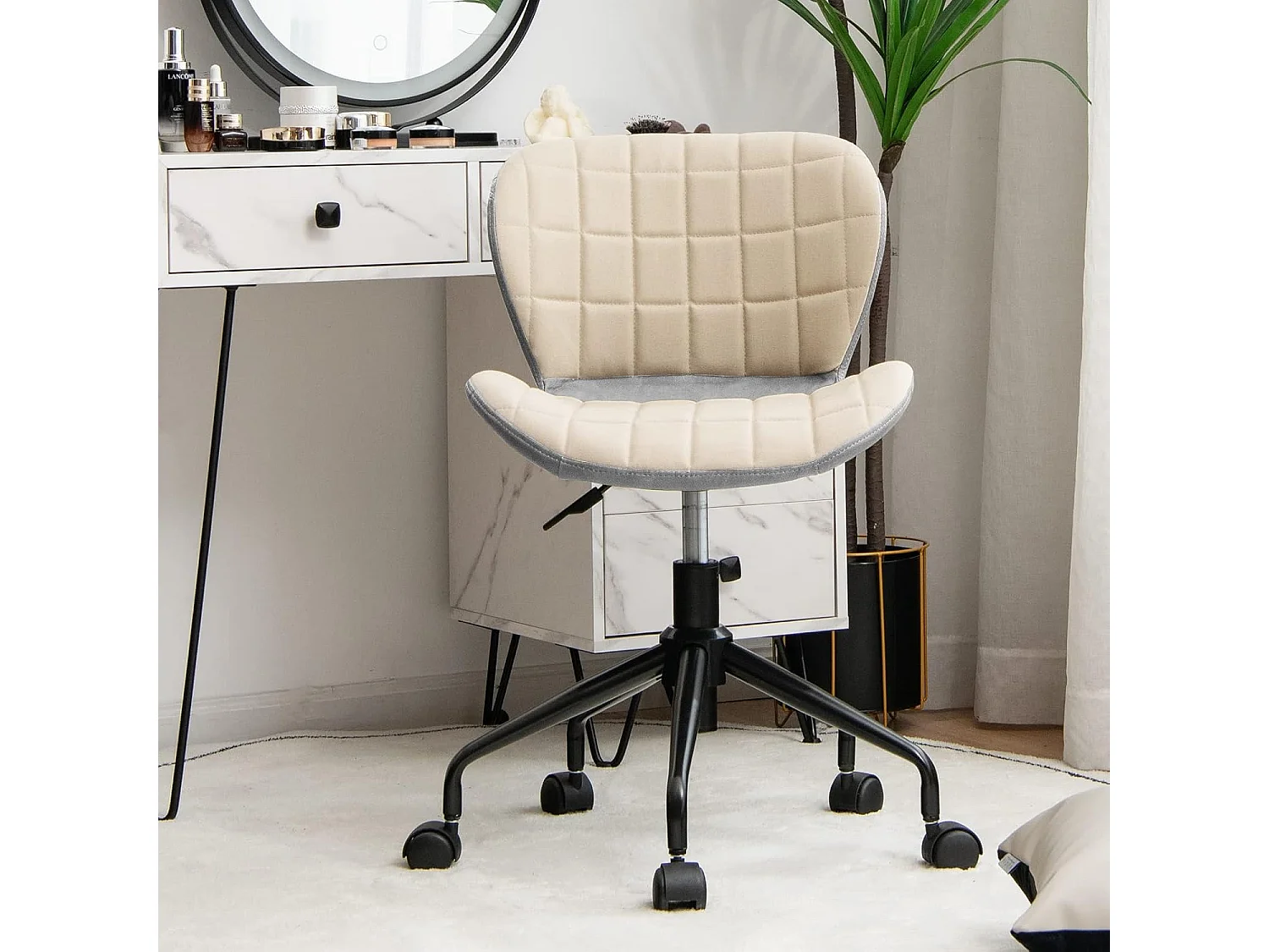 Chaise de Bureau à Roulette Pivotant Réglable en Hauteur Ergonomique, Surface en Cuir PU, Gris