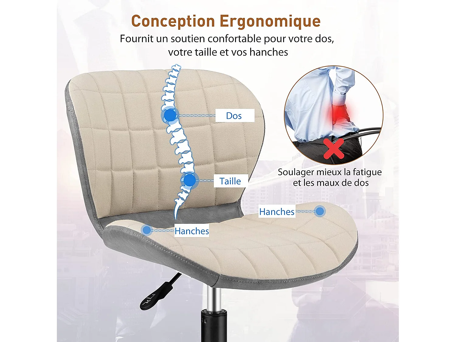 Chaise de Bureau à Roulette Pivotant Réglable en Hauteur Ergonomique, Surface en Cuir PU, Gris
