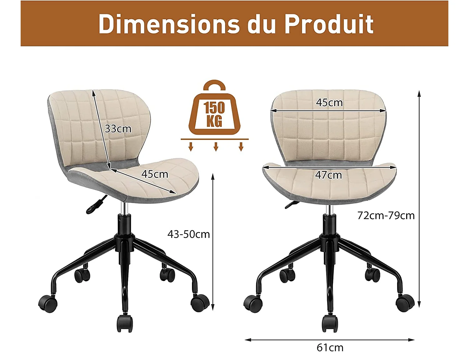 Chaise de Bureau à Roulette Pivotant Réglable en Hauteur Ergonomique, Surface en Cuir PU, Gris