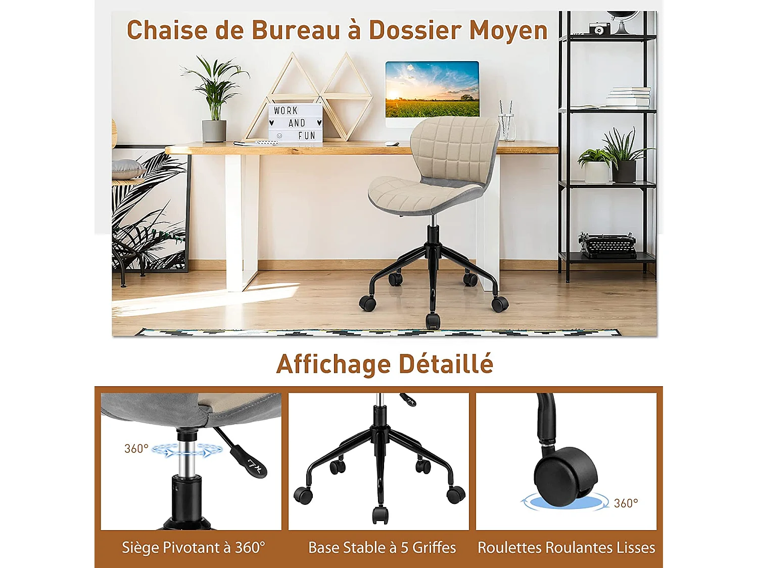 Chaise de Bureau à Roulette Pivotant Réglable en Hauteur Ergonomique, Surface en Cuir PU, Gris