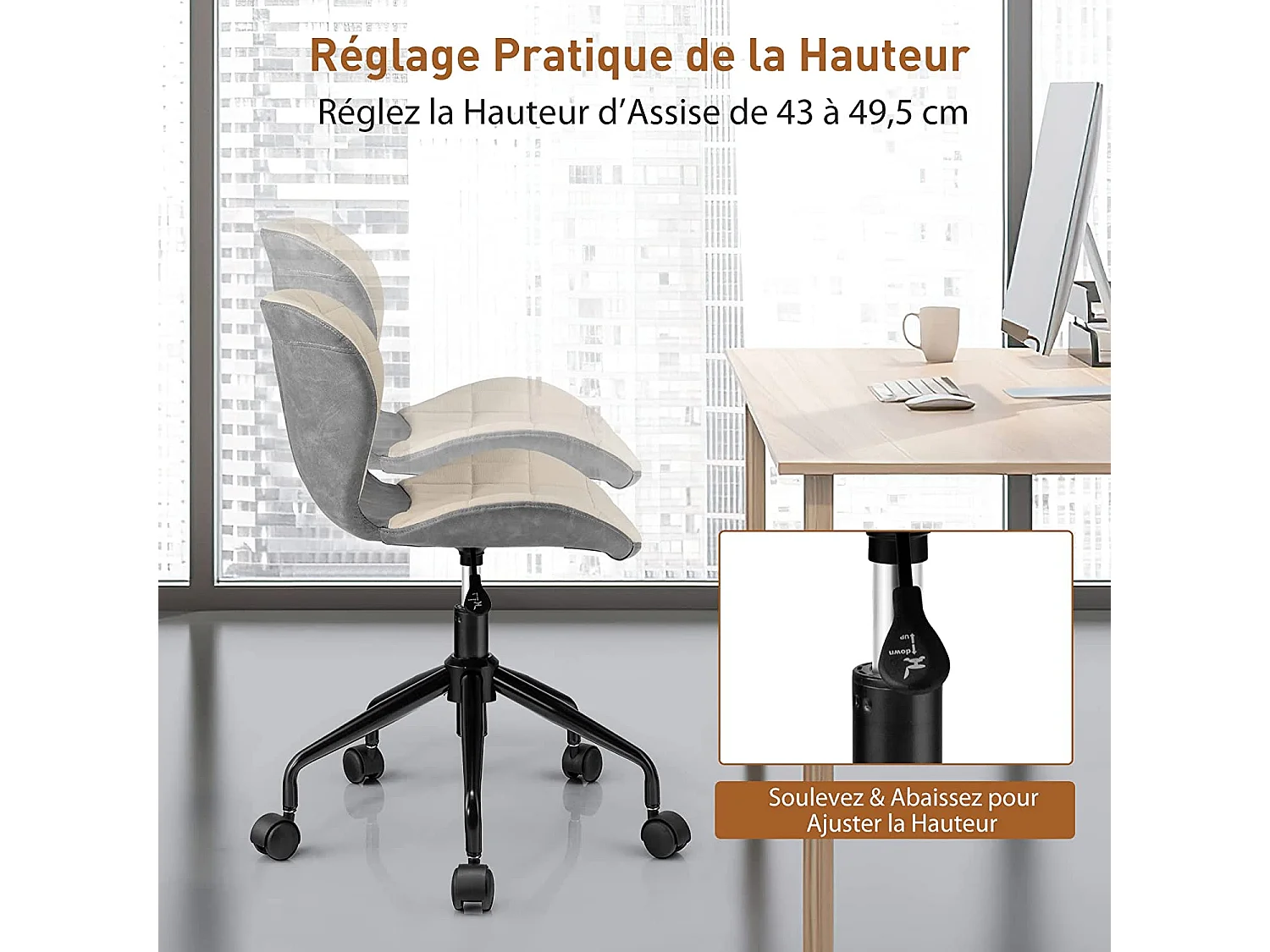 Chaise de Bureau à Roulette Pivotant Réglable en Hauteur Ergonomique, Surface en Cuir PU, Gris