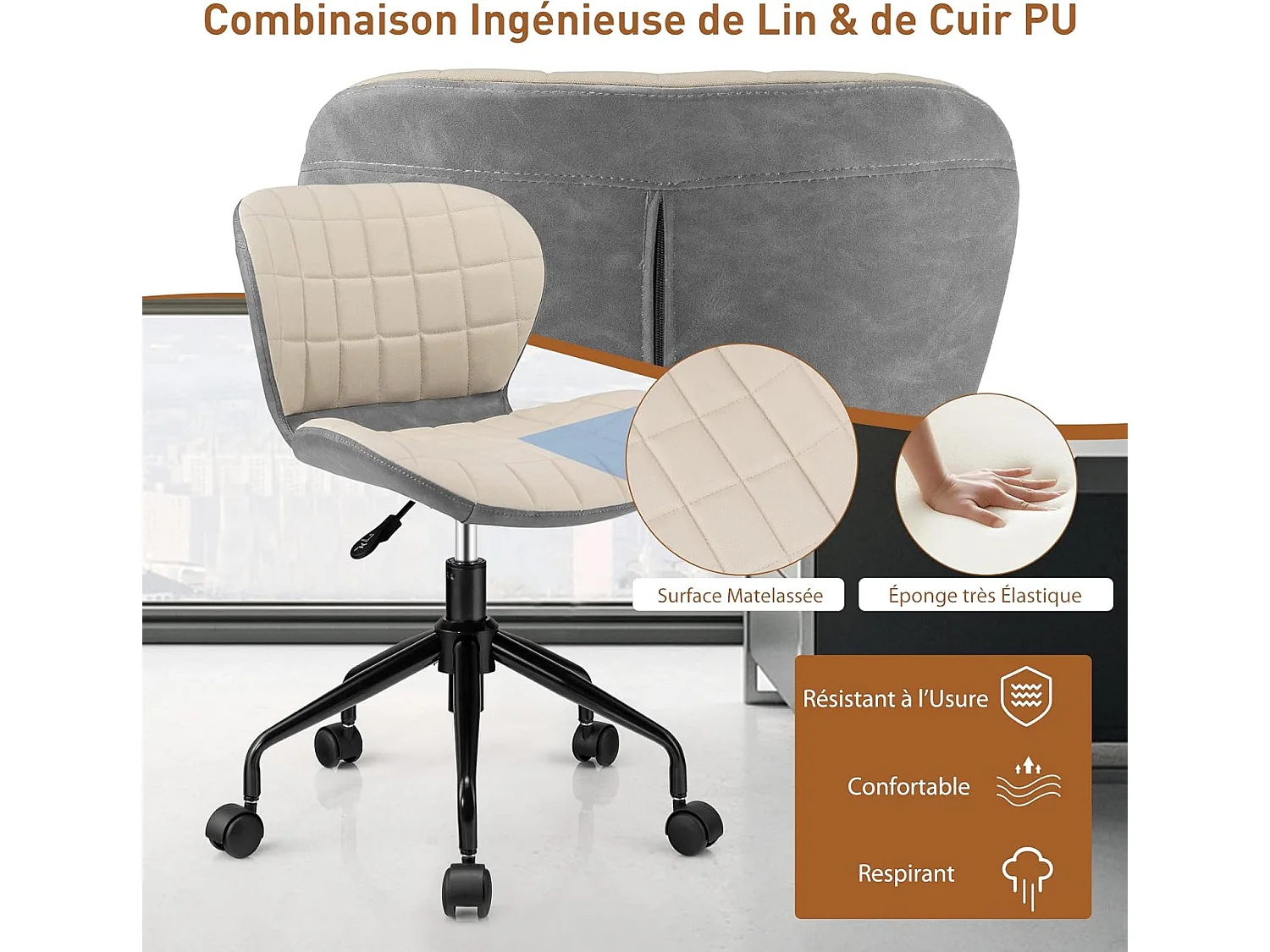 Chaise de Bureau à Roulette Pivotant Réglable en Hauteur Ergonomique, Surface en Cuir PU, Gris